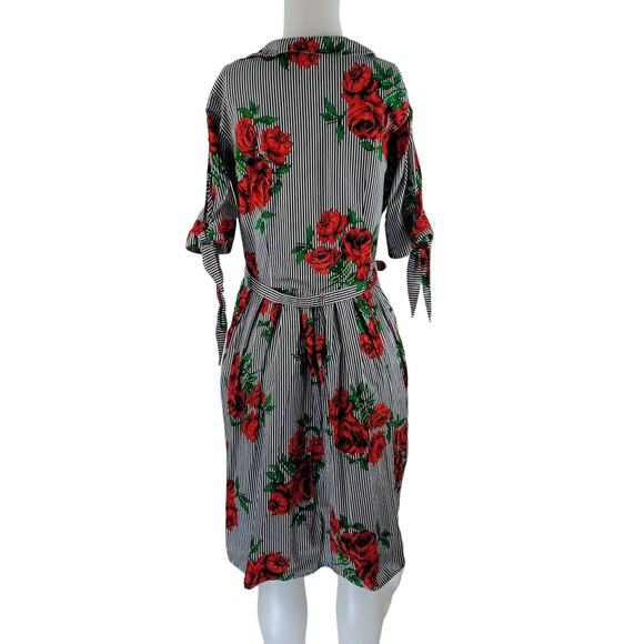 Eshakti White/Black Stripped Floral Beaded Business Vacation Dress M - Picture 6 of 10